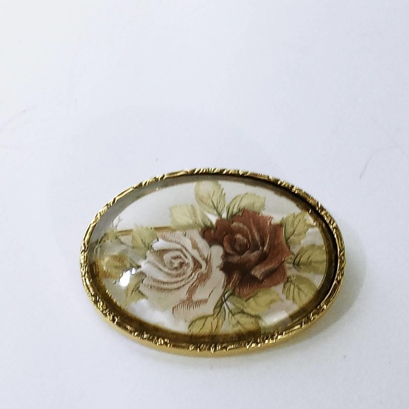 Vintage Clear Glass Rose Brooch 1.5" Gold Rim Flower (jb3) - Picture 1 of 5
